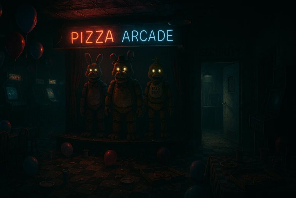 Creepy animatronic stage at a dark pizza arcade, inspired by Five Nights at Freddy’s
