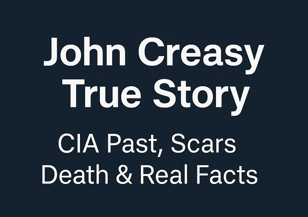 Minimalist graphic with text "John Creasy True Story"