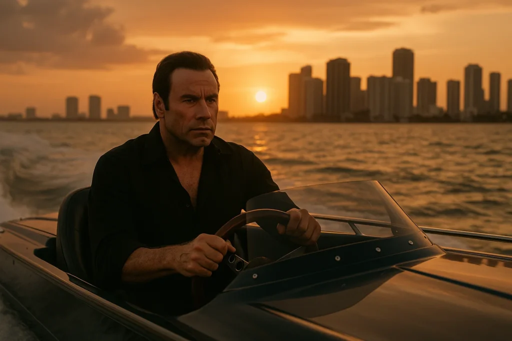 John Travolta portraying Don Aronow-inspired character racing a Cigarette boat across Miami waters