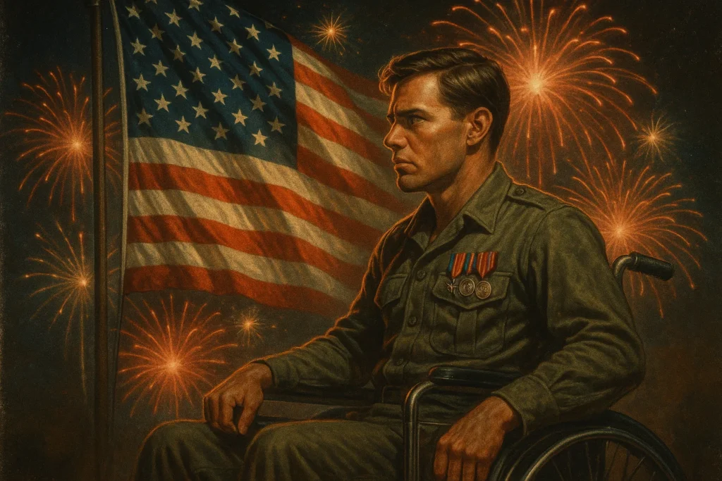 Born on the Fourth of July True Story & Tom Cruise Role 1 Vietnam War veteran in wheelchair facing U.S. flag with fireworks.