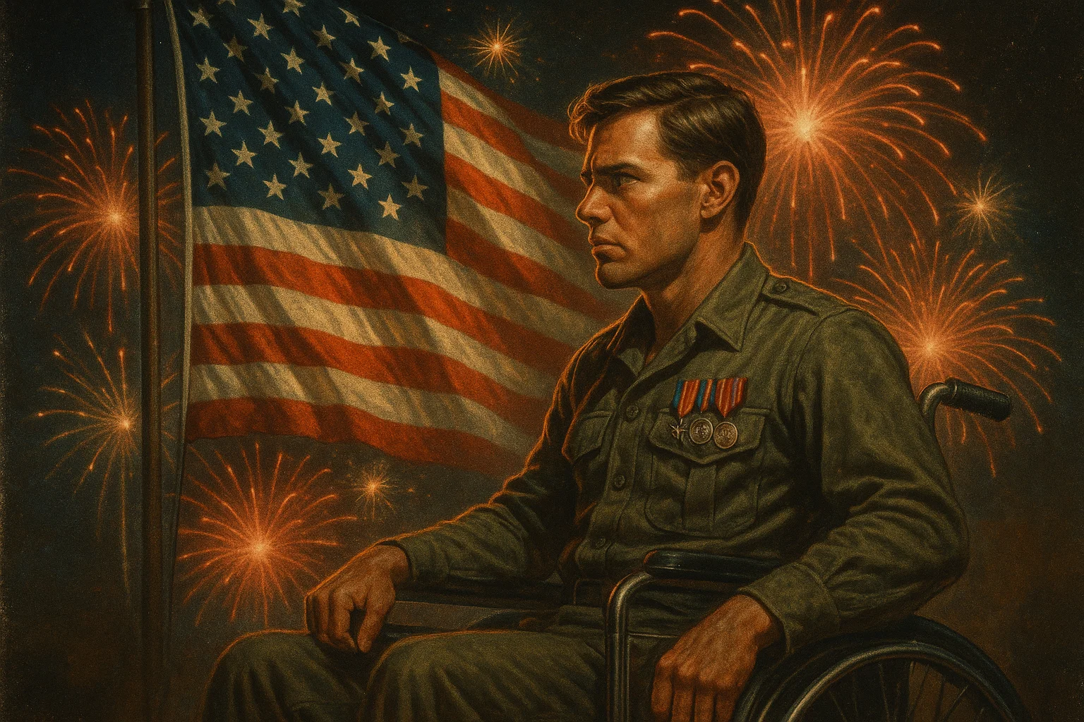 Vietnam War veteran in wheelchair facing U.S. flag with fireworks.
