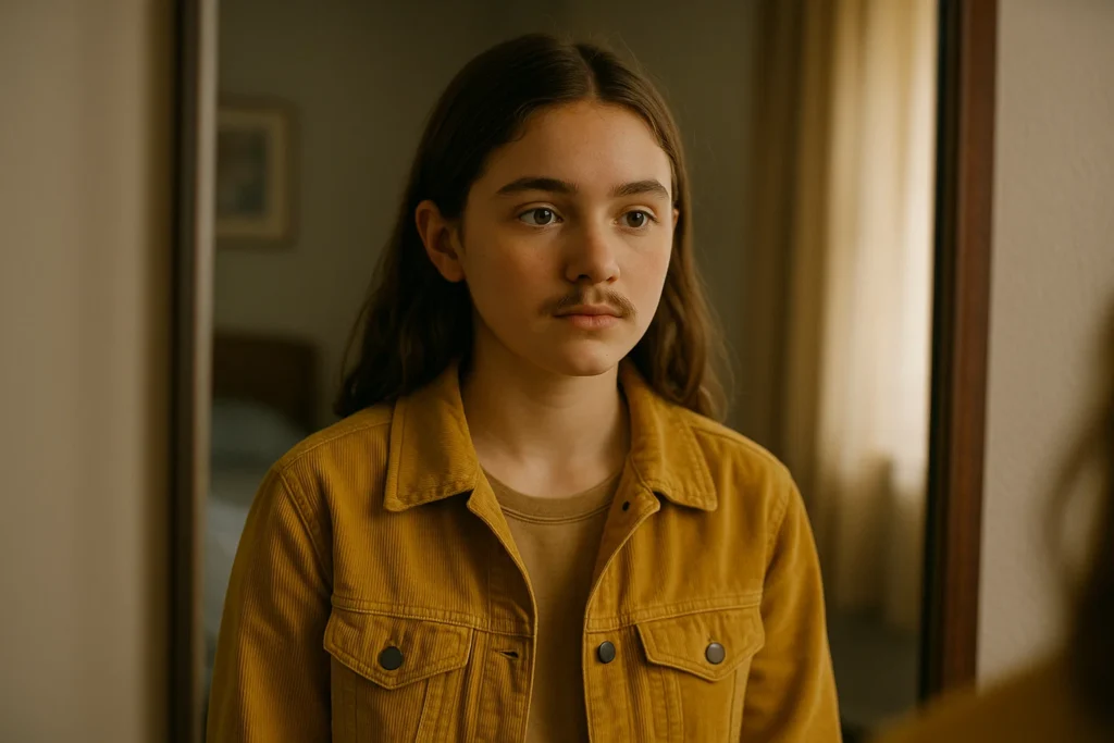 Young girl with a mustache in the Amazon Prime commercial browsing styles