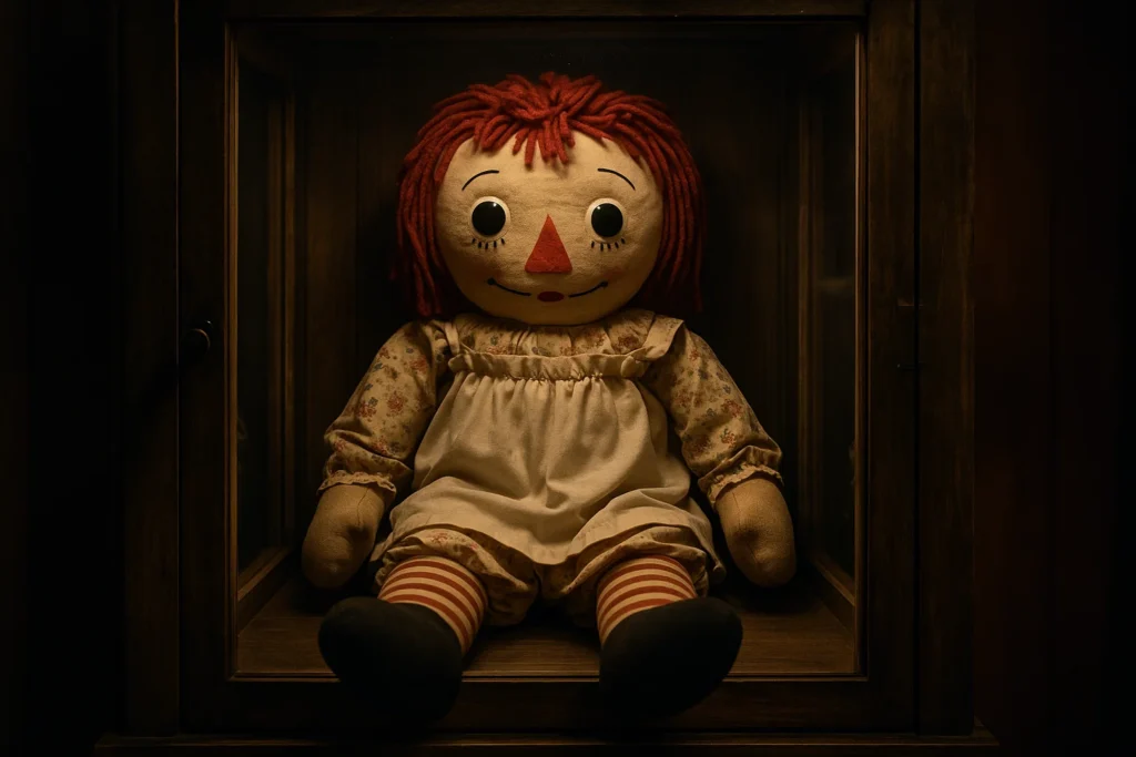 Real Annabelle doll displayed in a wooden case based on the true story.