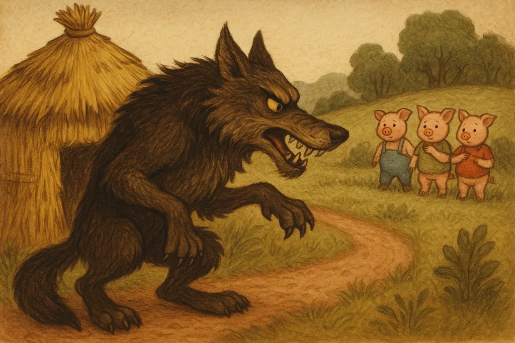 A wolf stepping from the shadows of a dark forest representing the true story of the Big Bad Wolf.