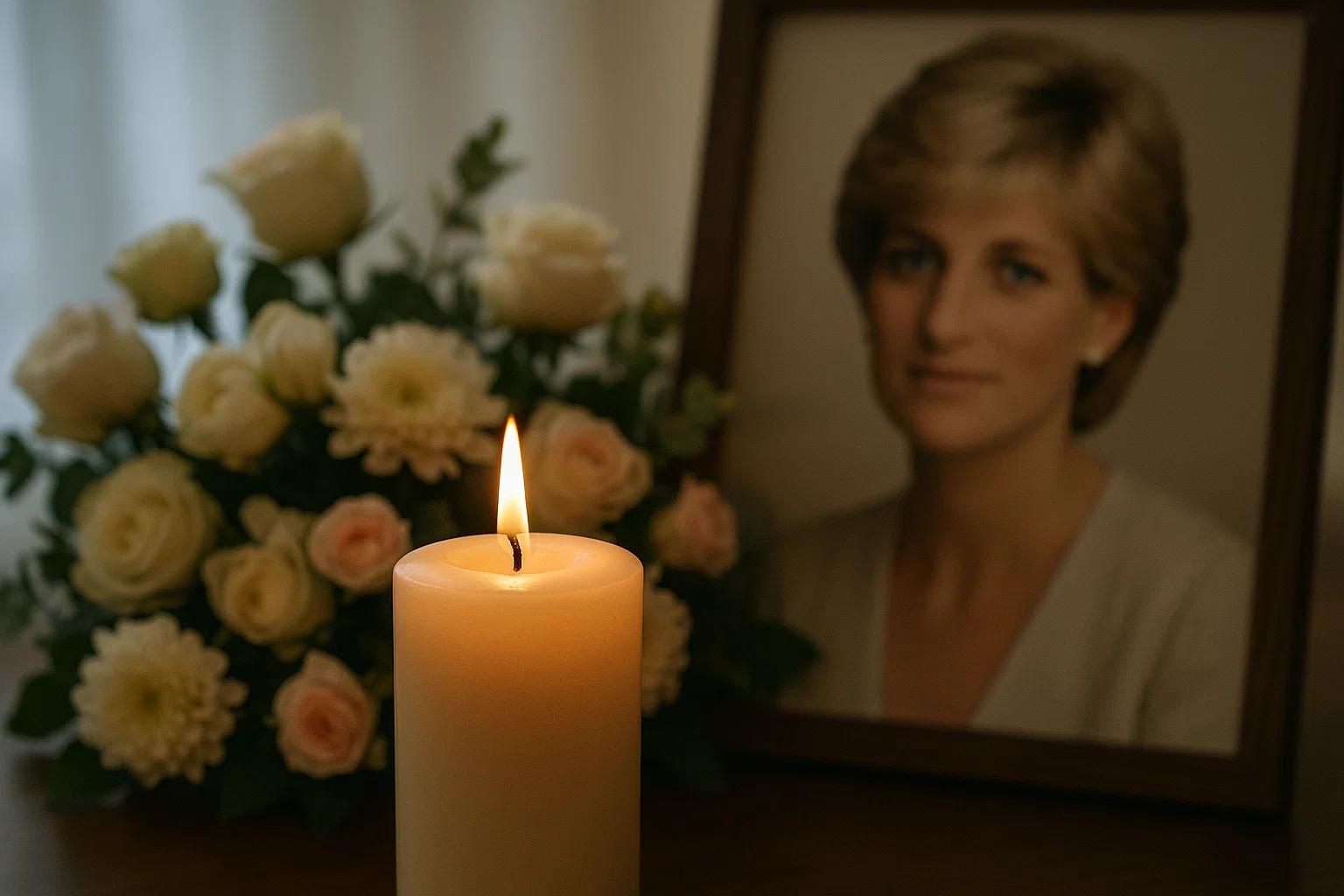 Tribute candle and flowers symbolizing Elton John’s Candle in the Wind for Princess Diana.