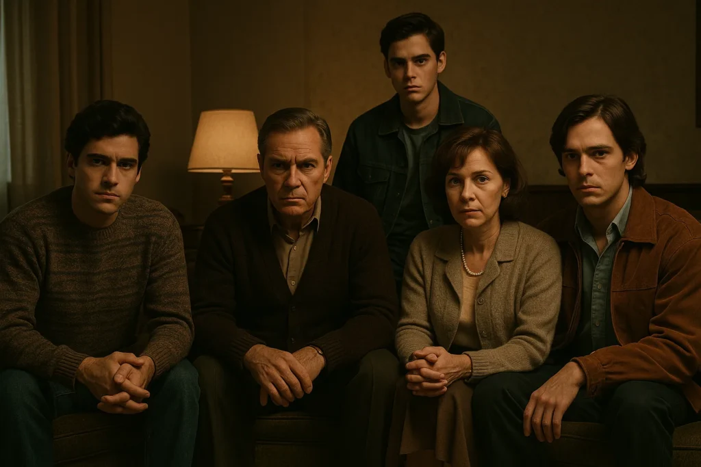 Cast of The Secret of the Greco Family: Meet the Faces Behind the True-Crime Drama 1 Main cast of The Secret of the Greco Family in a dramatic living room scene
