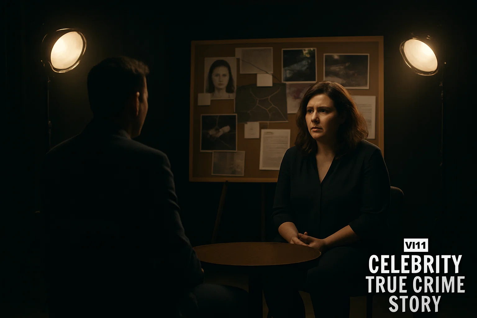 Celebrity True Crime Story with interview and crime evidence board