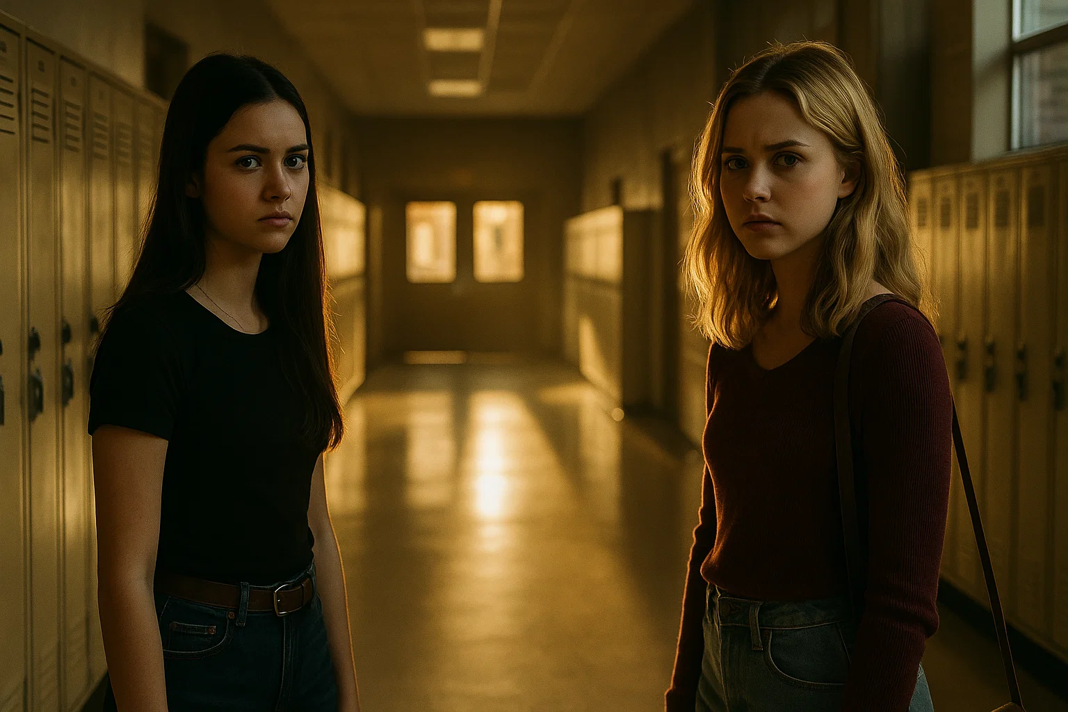 Teenage girls in a tense small-town hallway scene from Cruel Summer series based on a true story