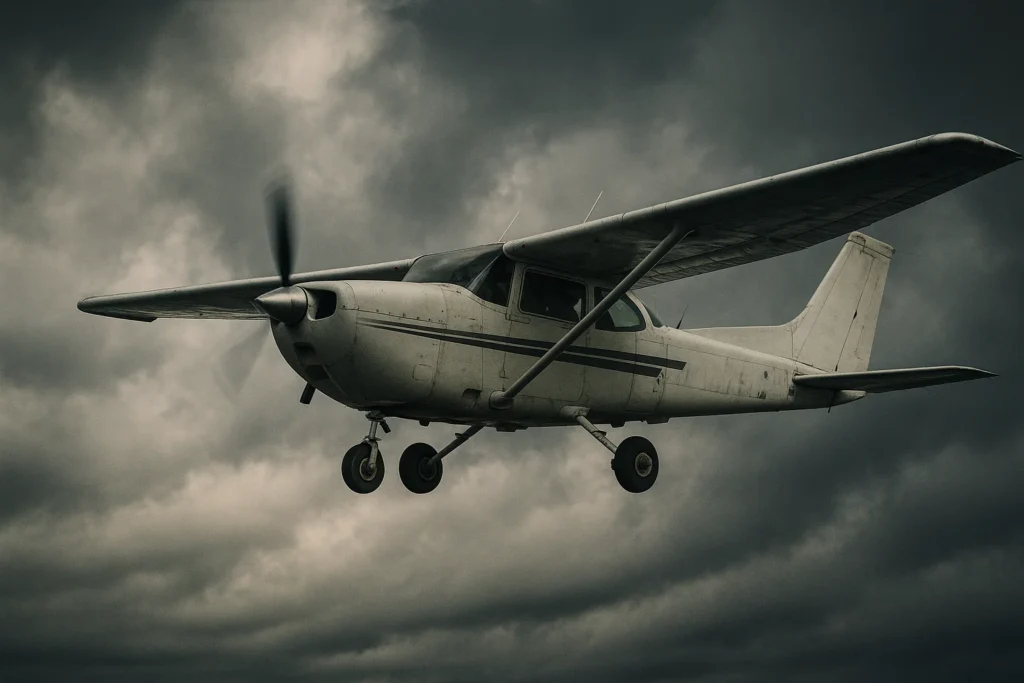 Small plane flying through clouds during David Gibbs airplane story investigation.