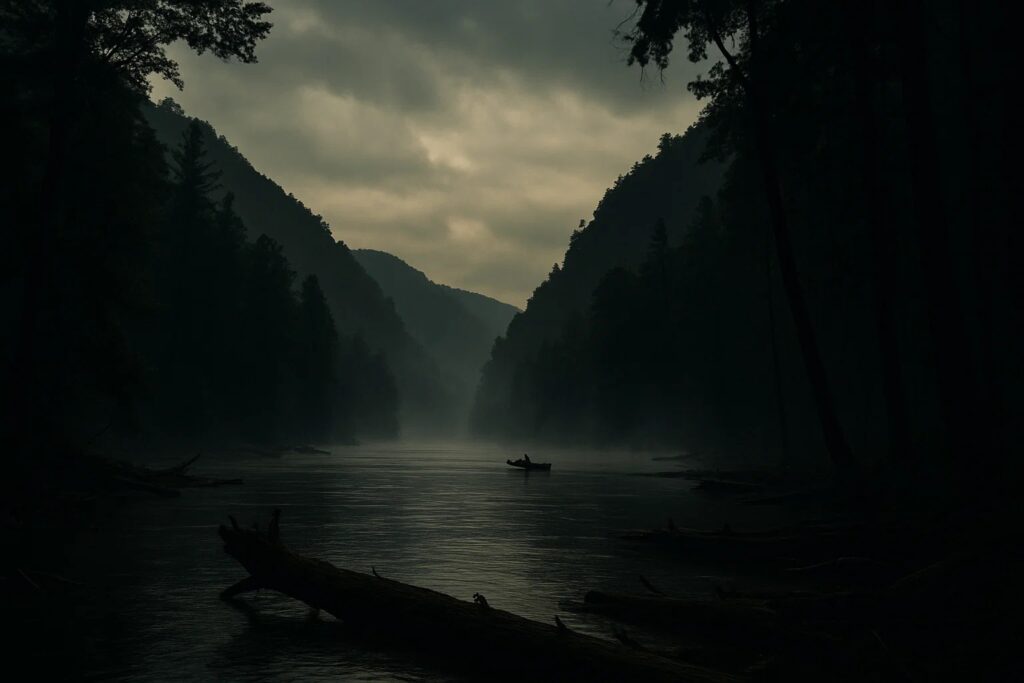 Canoe drifting down a misty Appalachian river surrounded by dense forest, inspired by the movie Deliverance.