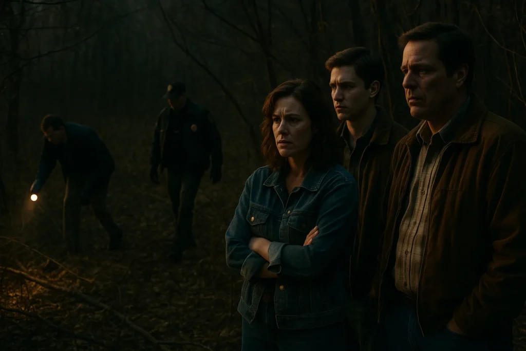 The Disappearance of Vonnie: True Story, Book, and Series Overview 1 Investigators searching a wooded area during The Disappearance of Vonnie true story scene