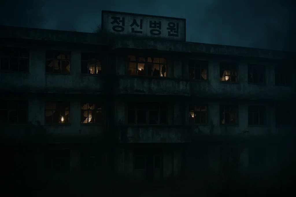 Abandoned Korean psychiatric hospital from Gonjiam Haunted Asylum true story with eerie night atmosphere