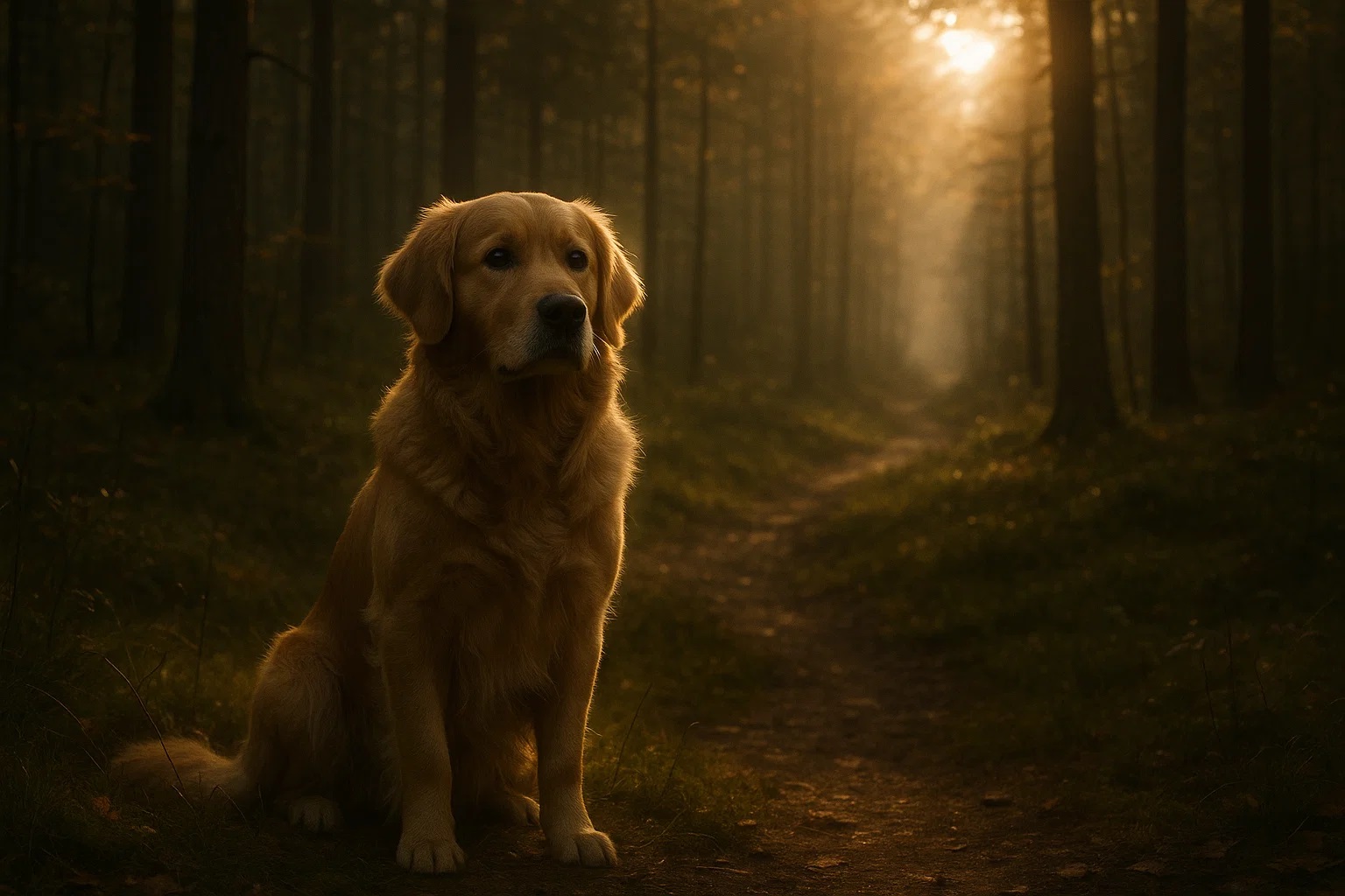 Golden retriever Gonker sitting in a forest clearing during the search