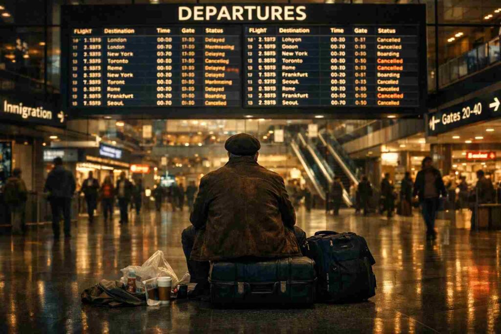 Tom Hanks style airport traveler scene inspired by The Terminal true story of Mehran Karimi Nasseri.