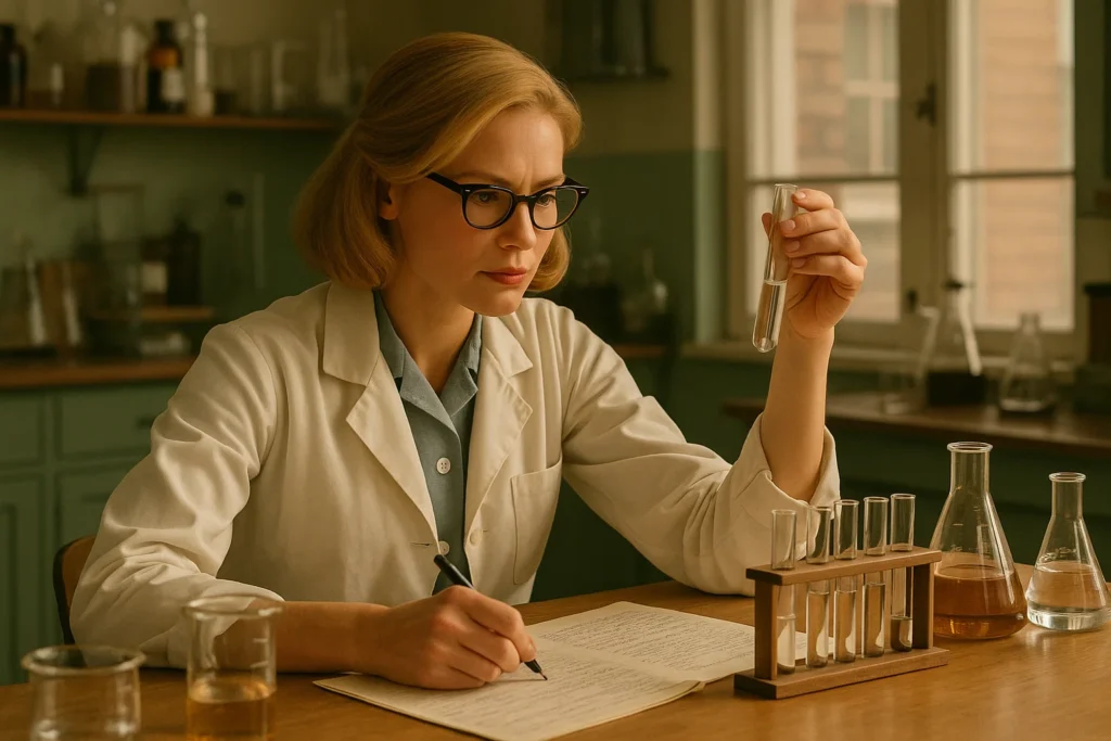1950s chemist inspired by Lessons in Chemistry working in a lab setting reflecting the show's true-story themes.