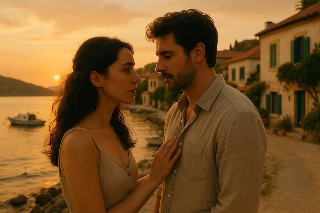 Is Make Me Believe Based on a True Story? The Real Meaning 1 Lead characters of Make Me Believe sharing an emotional moment in a Turkish seaside village, highlighting the film’s romantic and heartfelt tone.
