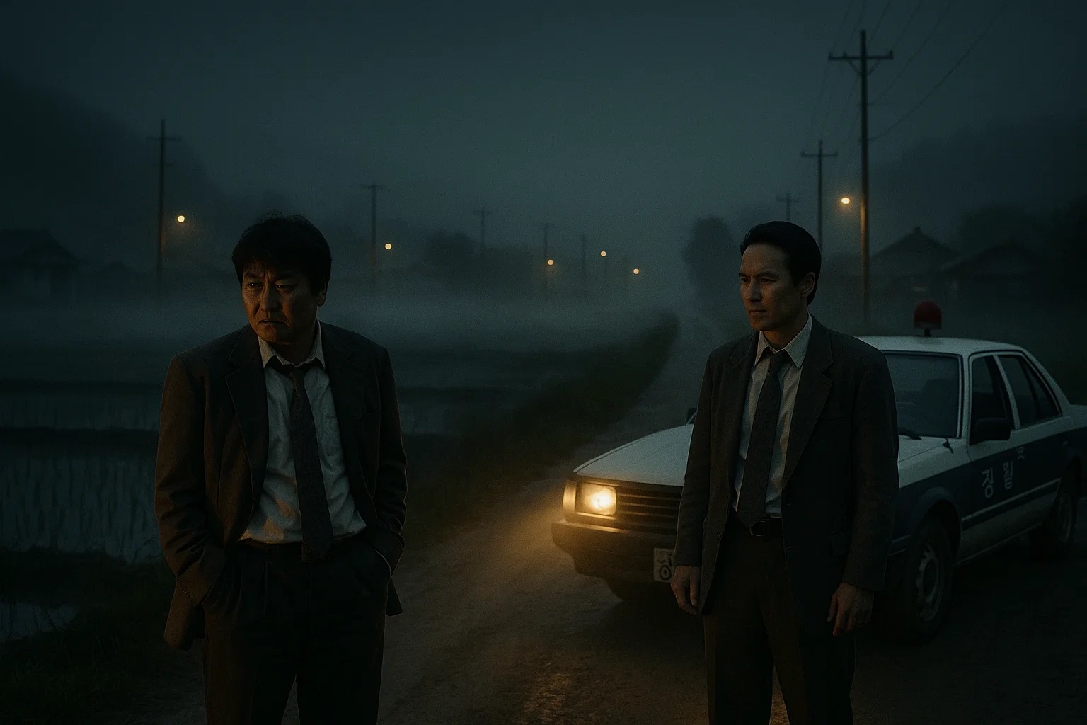 South Korean detectives on a foggy rural road investigating the Hwaseong serial murders, the true story behind Memories of Murder