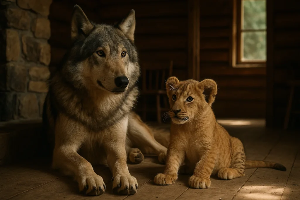 True Story of Mozart and Dreamer – Wolf and Lion Bond 1 Wolf Mozart and lion cub Dreamer together in a cabin, representing the true story behind The Wolf and the Lion