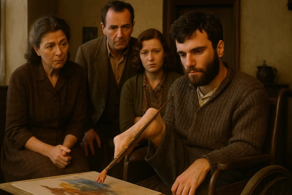 Is My Left Foot a True Story? The Real Life of Christy Brown 1 Christy Brown painting with his left foot in a modest Irish home from My Left Foot true story.