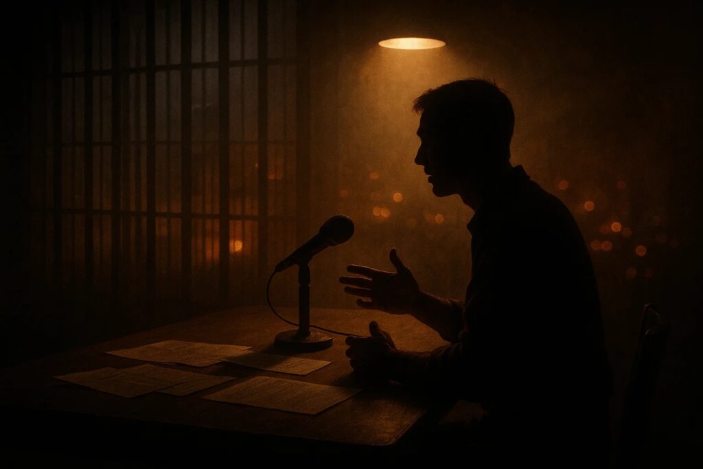 A silhouette sharing their story under a spotlight in a dim room, symbolizing true crime confessions and redemption.
