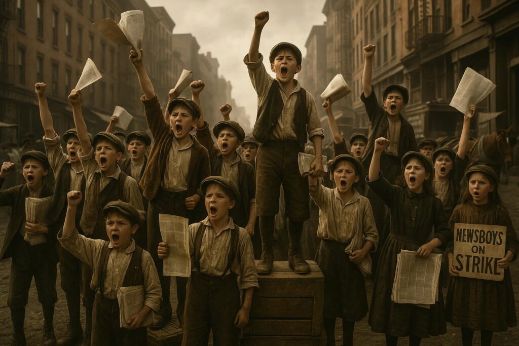 Young newsboys protesting during the 1899 strike in New York City, holding newspapers and signs