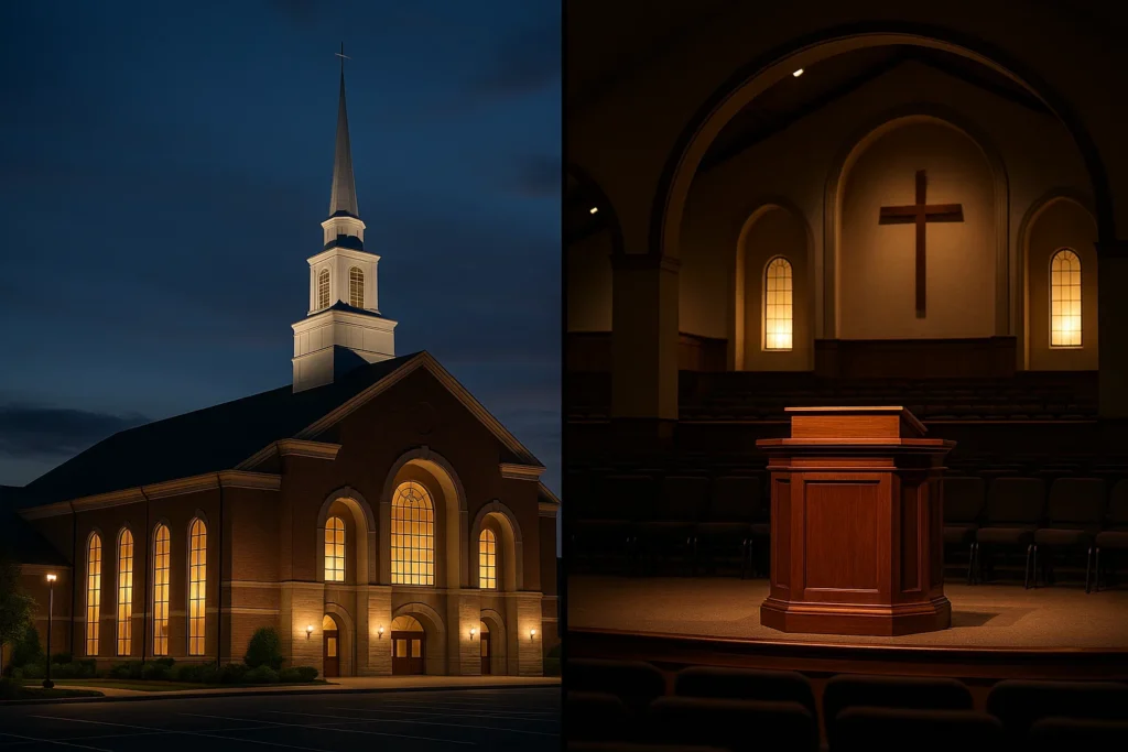 Exterior of a Southern megachurch symbolizing the real-life scandals behind Pastor Lee-Curtis Childs in Honk for Jesus.