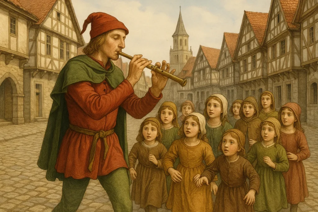 Medieval depiction of the Pied Piper leading children through the streets of Hamelin, connected to the true story behind the legend.