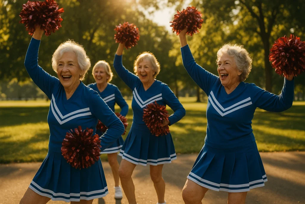 Real-life senior cheerleaders performing, inspiring the Poms true story