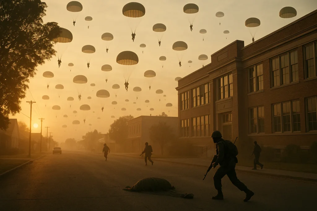 Paratroopers invading a small American town, reflecting the Red Dawn true story inspiration.