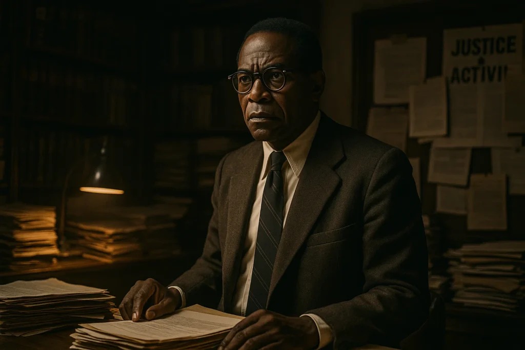 Roman J. Israel character standing in law office, inspired by Denzel Washington’s role.