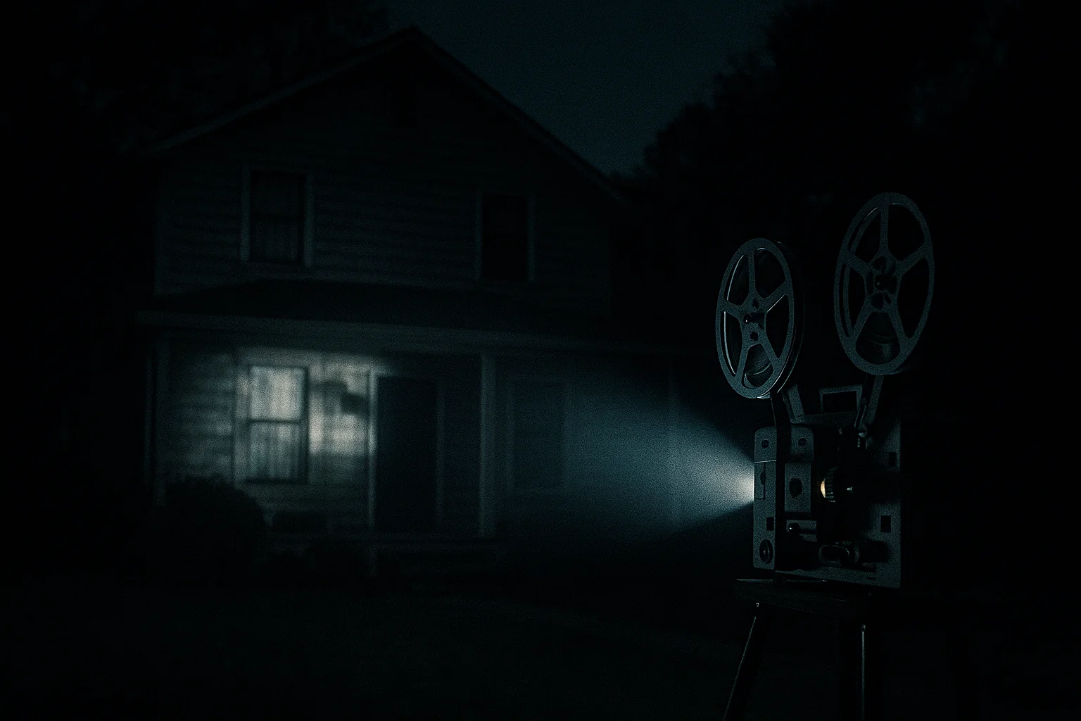 A dark suburban house glowing from inside as if a projector plays a sinister home movie.