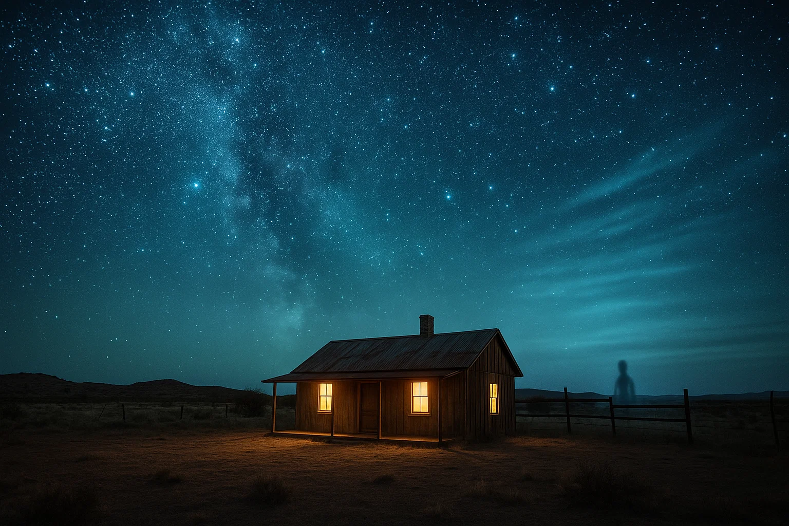 Remote Arizona ranch known as Stardust Ranch under a starry sky with mysterious lights