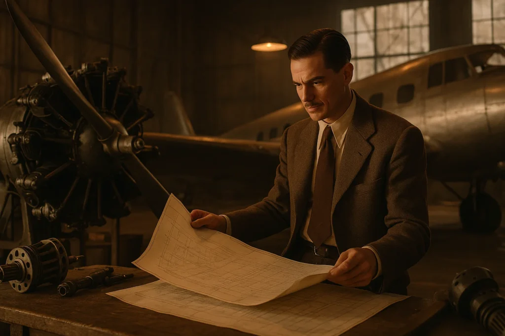 Howard Hughes reviewing aircraft plans during the real events behind The Aviator true story.