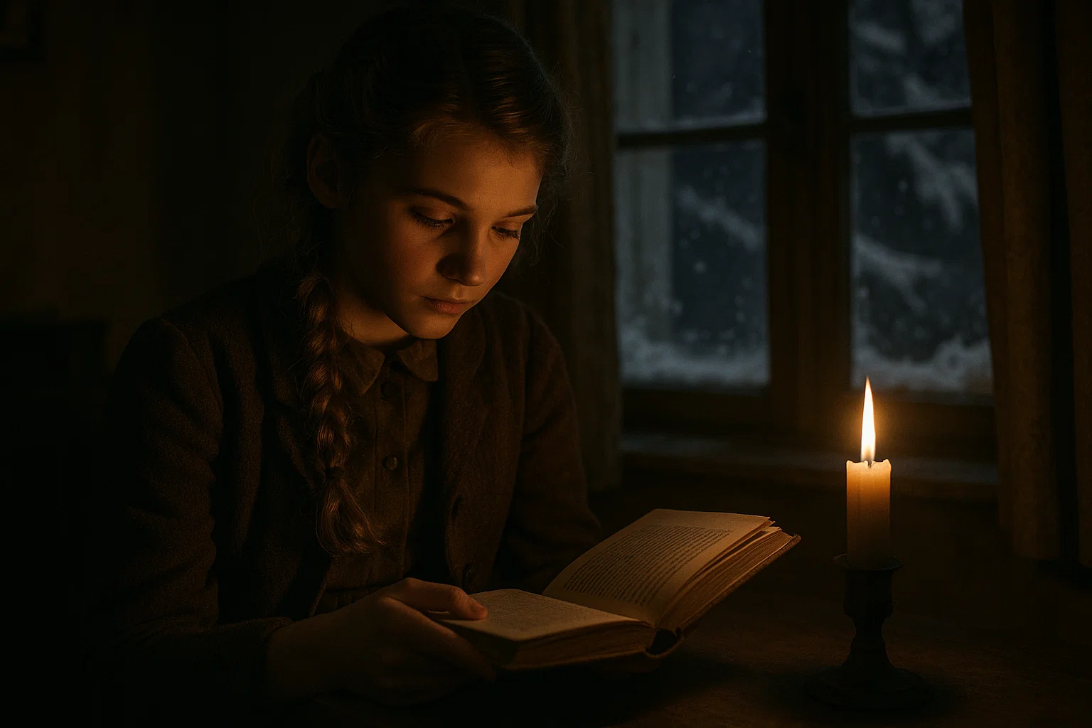Liesel reading in a candlelit room during wartime in The Book Thief true story setting.