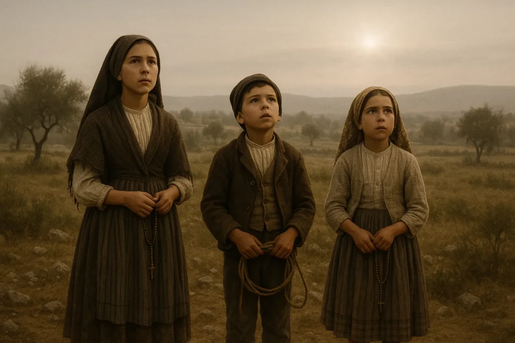 Three shepherd children witnessing the Fatima apparition in 1917 during the true story events.