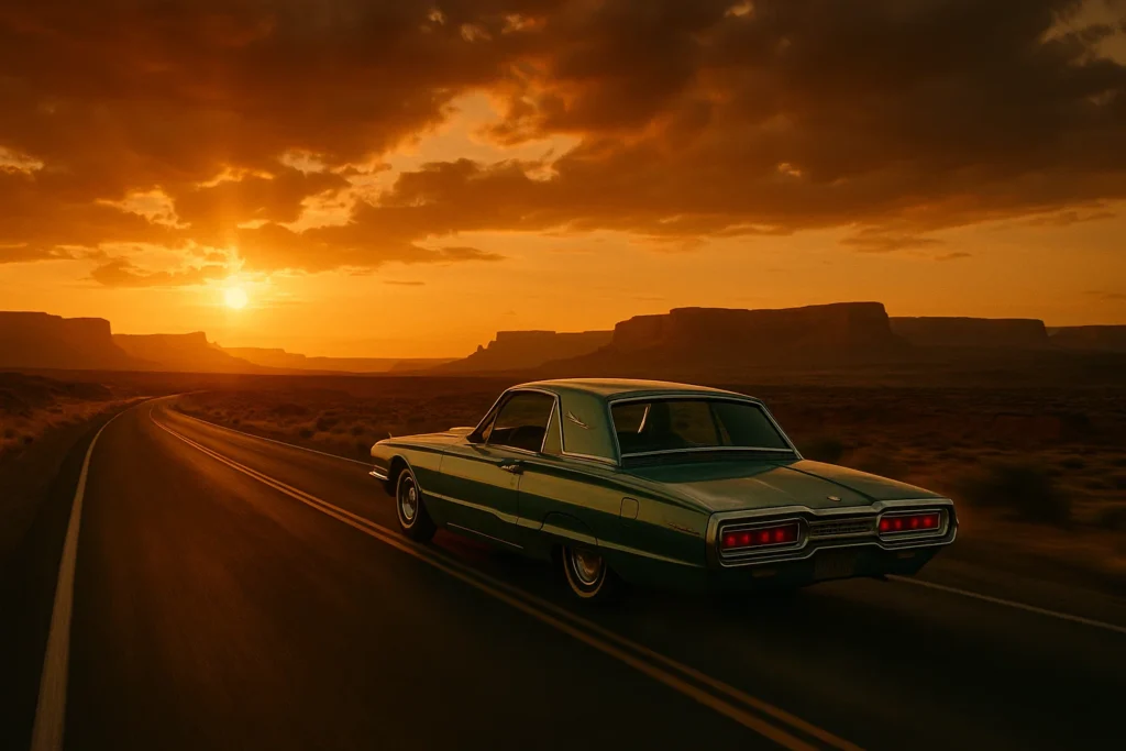 Is Thelma and Louise a True Story? Key Facts and Movie Impact 1 Turquoise Ford Thunderbird driving across a desert highway at sunset, representing Thelma and Louise’s journey