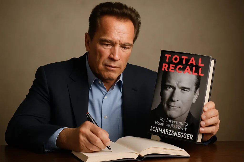 Total Recall: The Real Story Behind Arnold’s Life Journey 1 Arnold Schwarzenegger reflecting on his journey while holding the Total Recall autobiography.