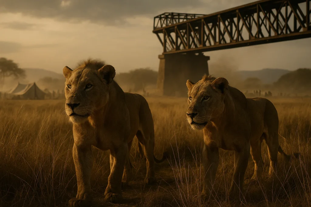 Tsavo man-eater lions connected to The Ghost and the Darkness true story near the 1898 Kenya railway construction site.