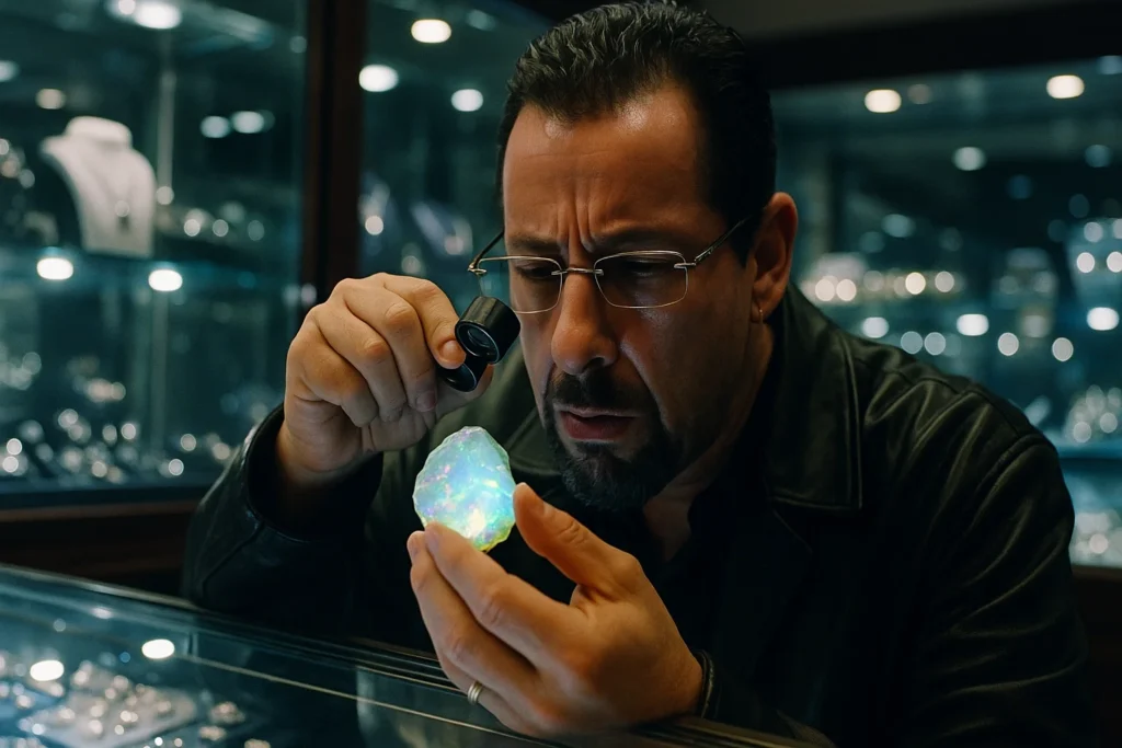 Is Uncut Gems Based on a True Story? The Real Inspiration 1 Scene inspired by Uncut Gems showing a jeweler inspecting a valuable opal linked to the film’s true-story elements.