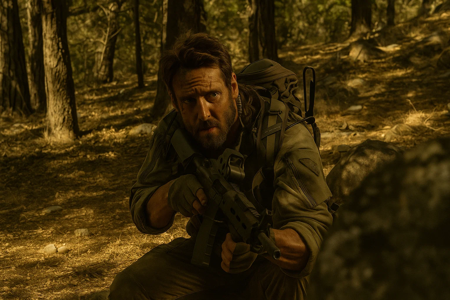 Navy SEAL protecting a young girl in an Afghanistan rescue setting from Warhorse One