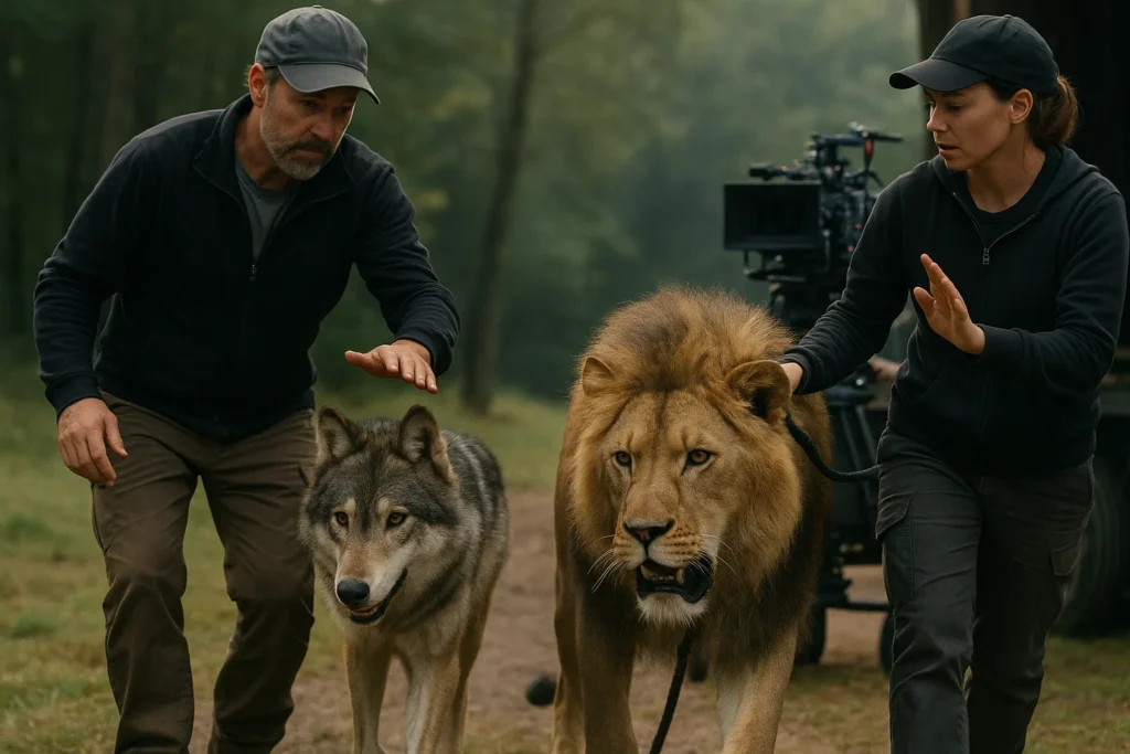 True Story of Mozart and Dreamer – Wolf and Lion Bond 2 Real wolf and lion animals on set of The Wolf and the Lion movie, showing behind-the-scenes authenticity