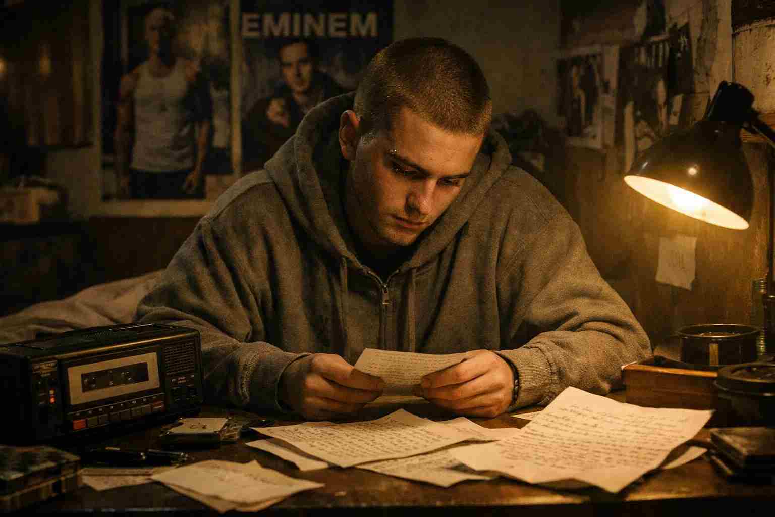 Moody cinematic scene inspired by Eminem Stan story showing obsessive fan writing letters in dim room