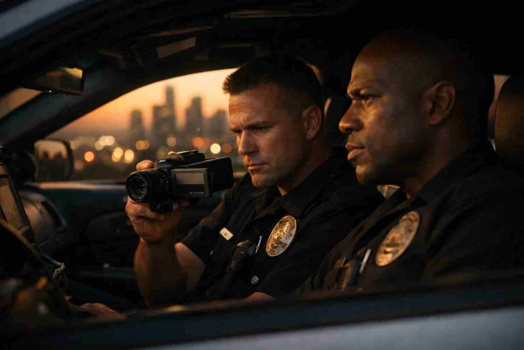 Jake Gyllenhaal and Michael Peña in End of Watch police patrol scene