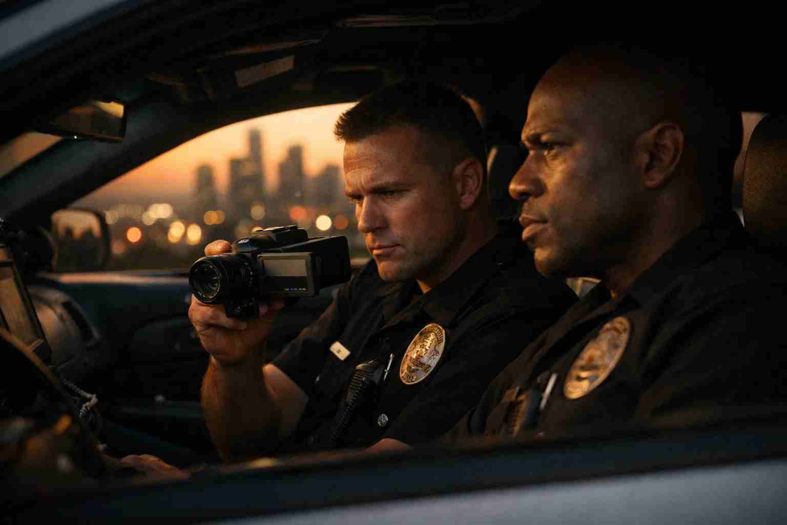 Jake Gyllenhaal and Michael Peña in End of Watch police patrol scene
