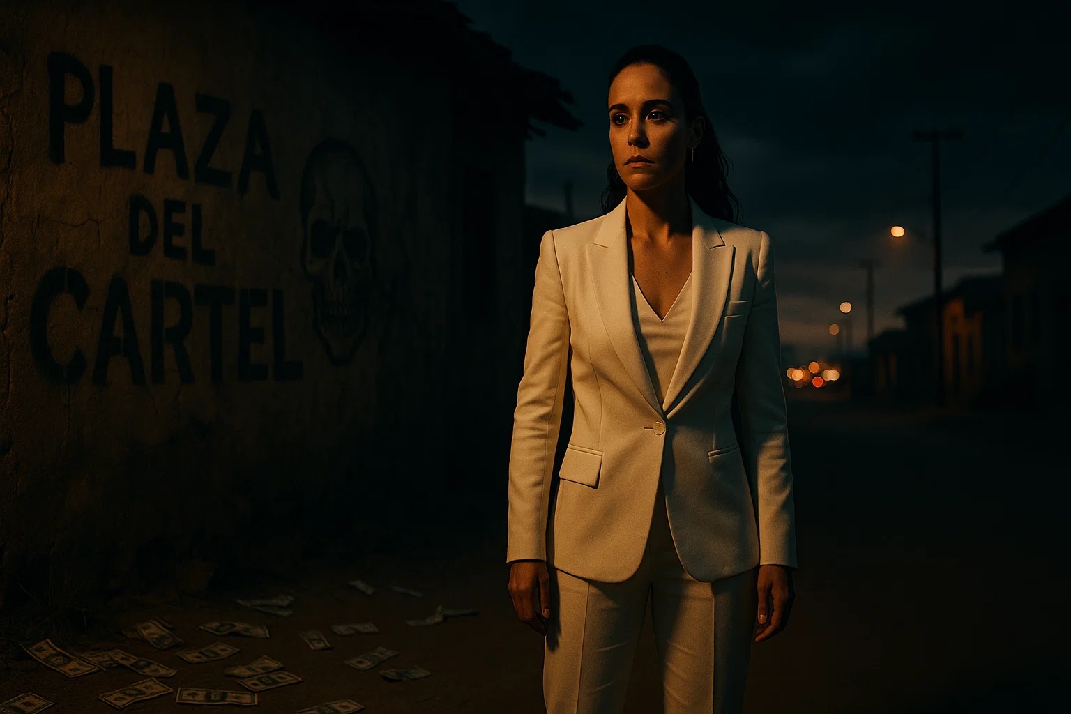 Teresa Mendoza in Queen of the South standing in a dramatic desert setting, symbolizing power and survival.