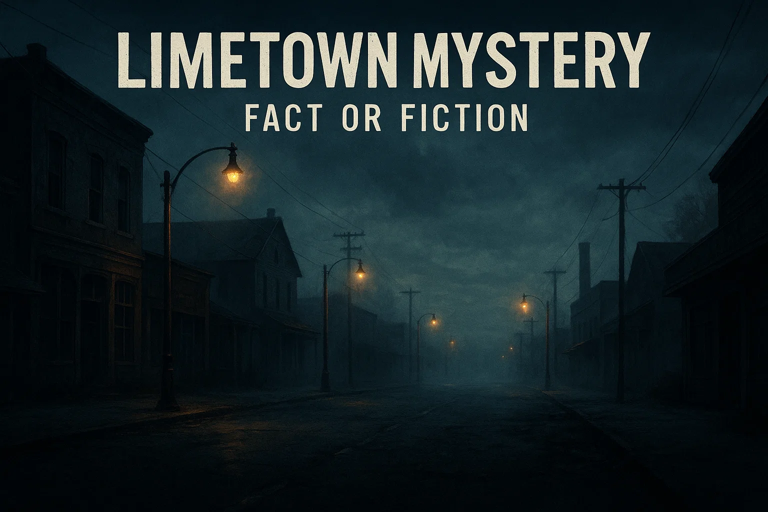Dark abandoned town with flickering lights, symbolizing the mysterious disappearance of Limetown