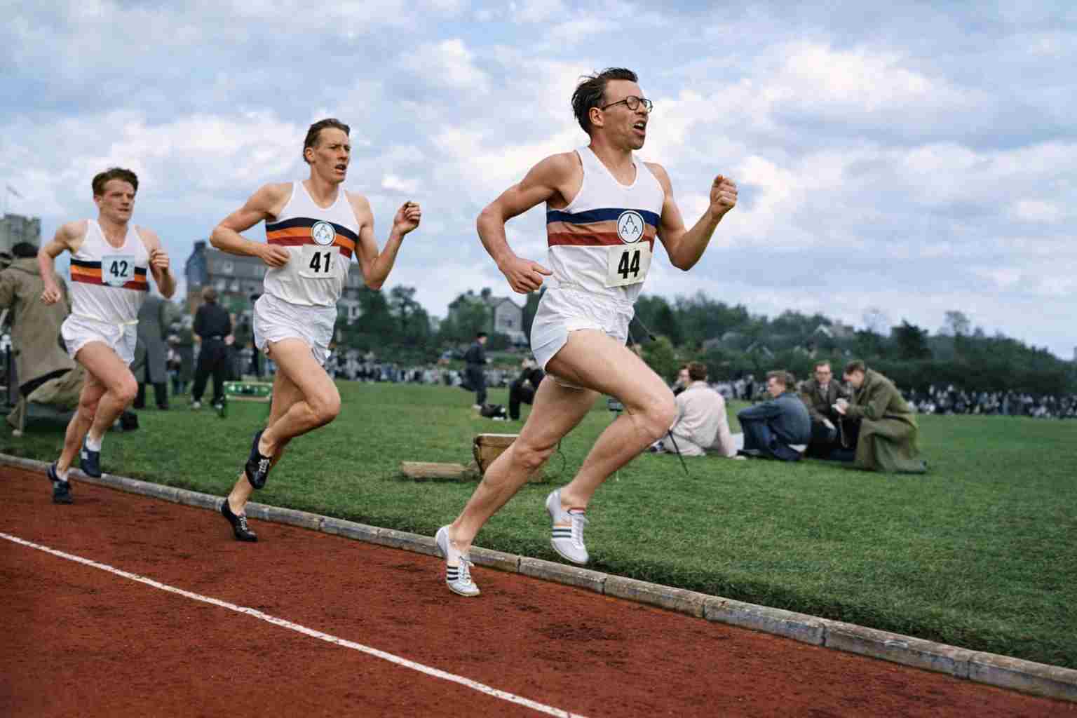 Roger Bannister breaking the four minute mile during the historic 1954 track race