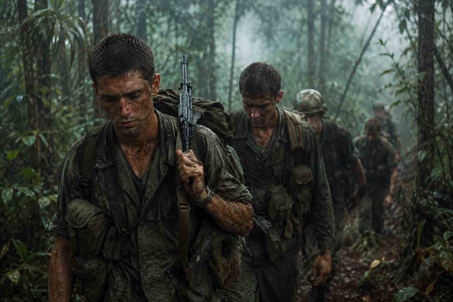 Soldiers in a tense Vietnam War jungle scene inspired by How to Tell a True War Story