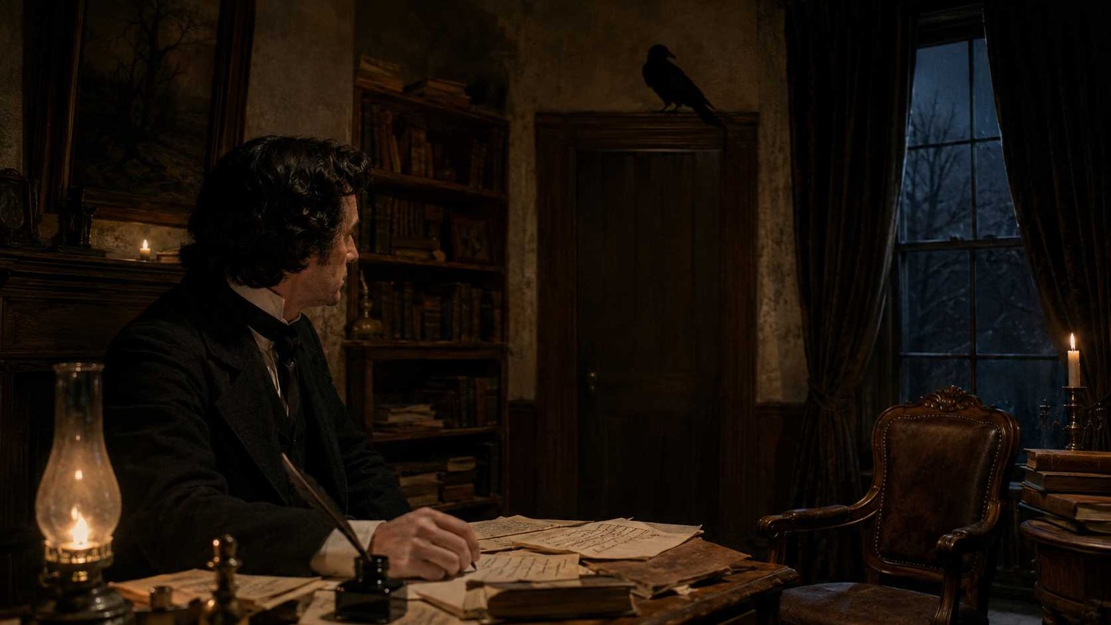 Edgar Allan Poe Who Is Lenore scene showing The Raven narrator grieving his lost beloved