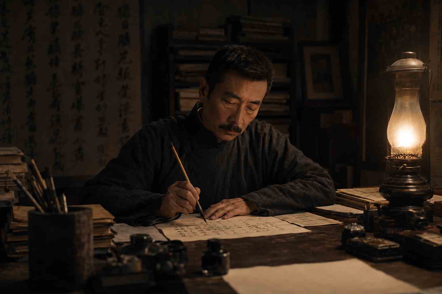Chinese writer Lu Xun writing The True Story of Ah Q at his desk.